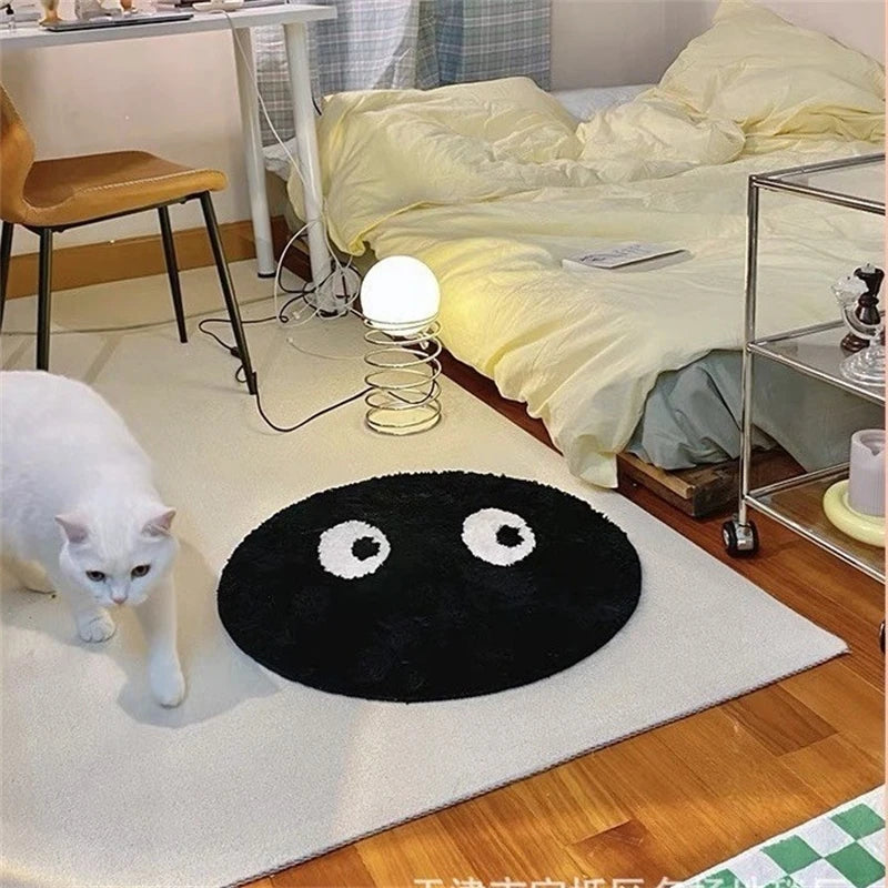 Black Round Rug Cute Small Face Soft Bedroom Bedside Accent Mat Non Slip Home Floor Pad For Kids Teens Women Dorm Room Gift Vue