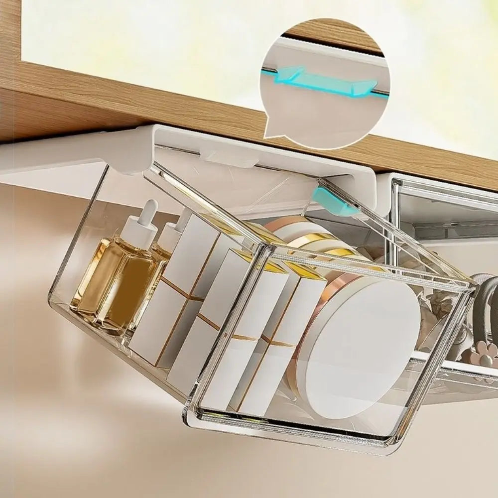 Plastic Drawer Style Storage Box Transparent Self Adhesive Under Desk Drawer Organizer Large Capacity Space Saving Qtip Holder Vue