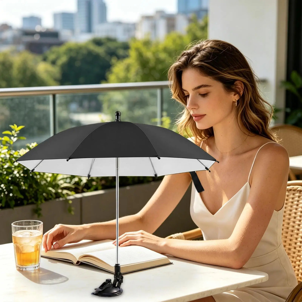 Table Top Umbrella w/Suction Cup Base, Portable Adjustable Sun Shade for Drinks, UV Protection Mini Parasol for Beach Patio Trip Vue