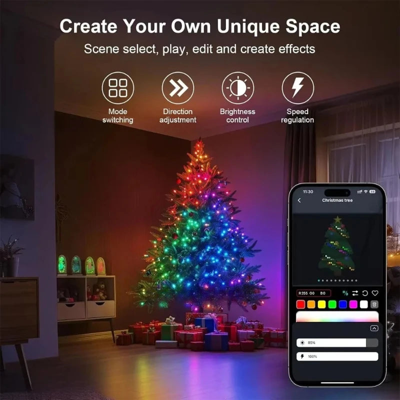 Smart RGB LED Strip Light 20M Fairy String Lights W/ APP Control Music Sync 12 Modes USB Powered for Xmas Home Decor Vue