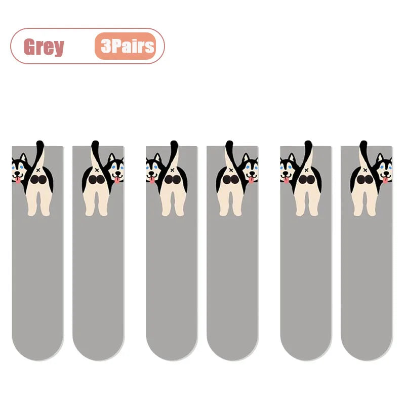 1-10Pairs Kawaii Egg Dog Cartoon Crew Socks for Women Men Cute Puppy Pattern Funny Mid Calf Casual Socks for Fall Winter Daily Vue One Size Grey-3Pairs