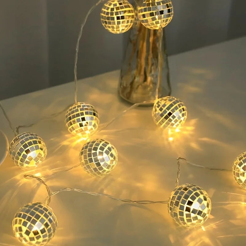 Mini Mirror Disco Ball LED String Lights Warm Fairy Lamp Home Bar Wedding Birthday Party Decor Lighting Vue