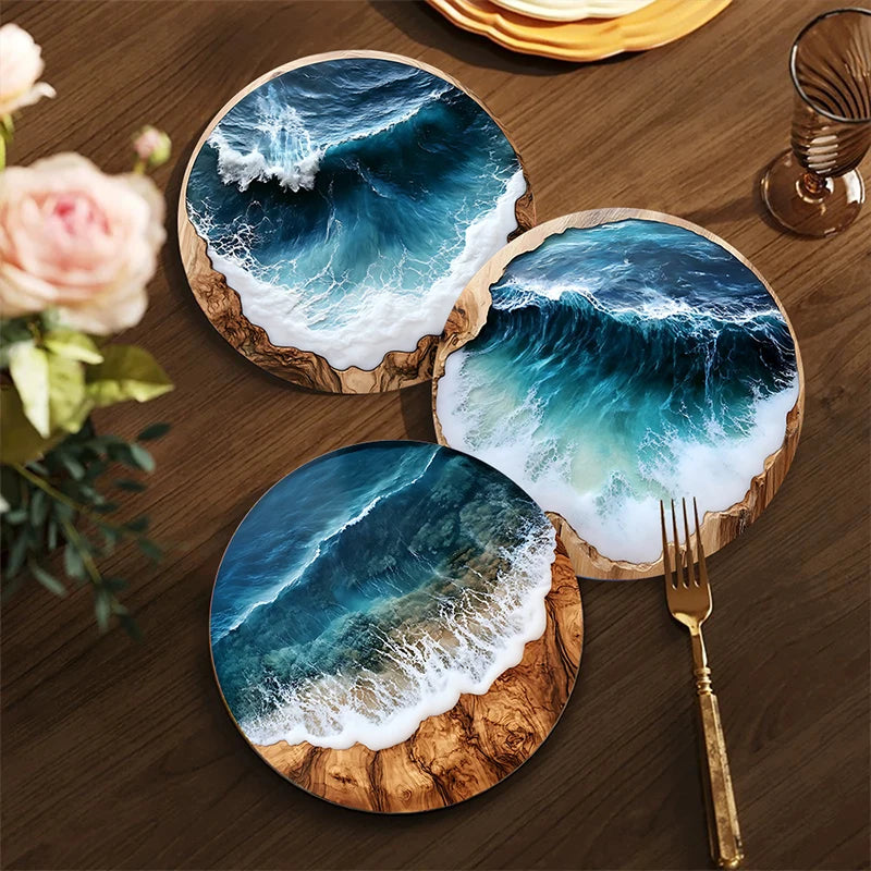 4PCS Blue Ocean Round Wooden Coasters & Placemats Set - Home, Cafe, Party Table Decor, Durable Drink Coasters For Stylish Dining Vue