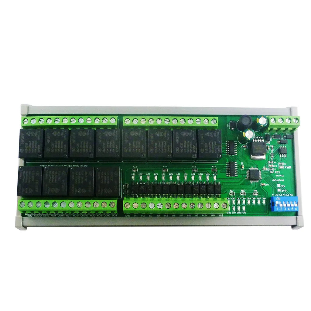 DC 12V 24V 12DI 12DO RS485 IO Board Modbus RTU Relay Optically Isolated NPN Input & 12 Relay Output Modbus RTU Relay Module Vue