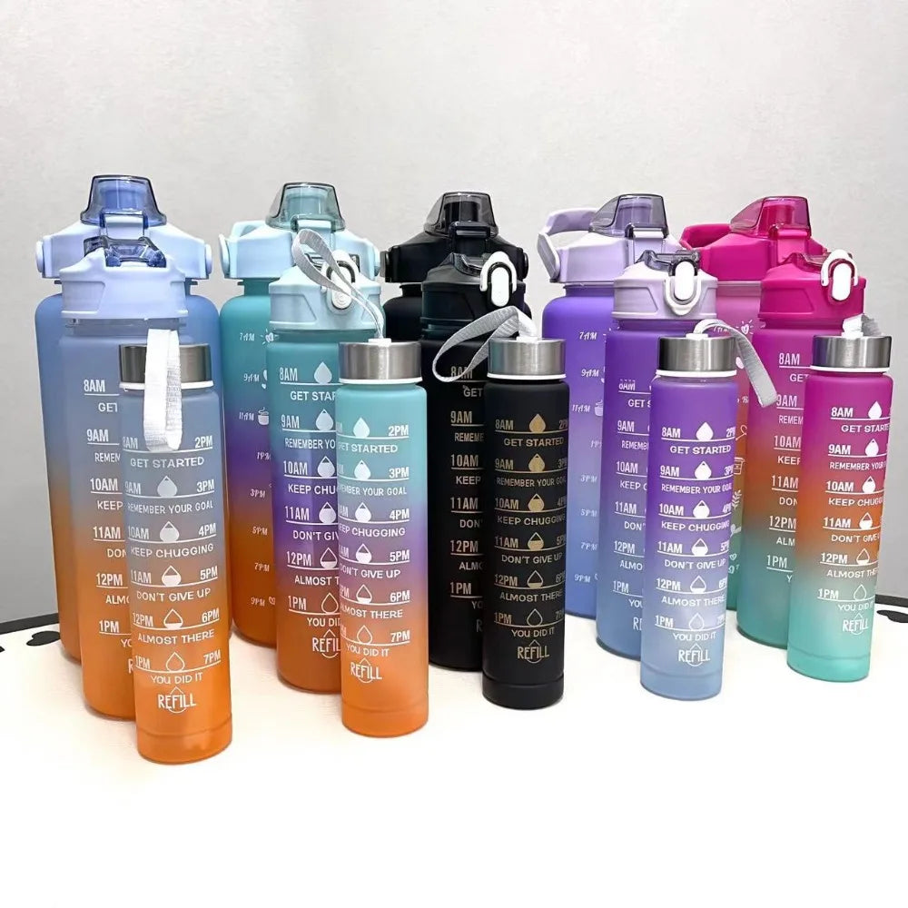 3Pcs Set Large Capacity Gradient Color Sport Water Bottle Leakproof Plastic Gym Straw Cup with Time Marker Water Cup Office Vue
