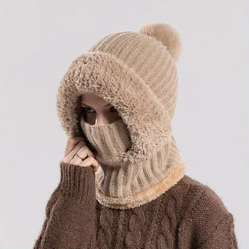 Autumn and Winter Women Fleece Lined Knitted Hat Scarf Mask One Piece Full Face Protection Windproof Thick Warm Hood Vue