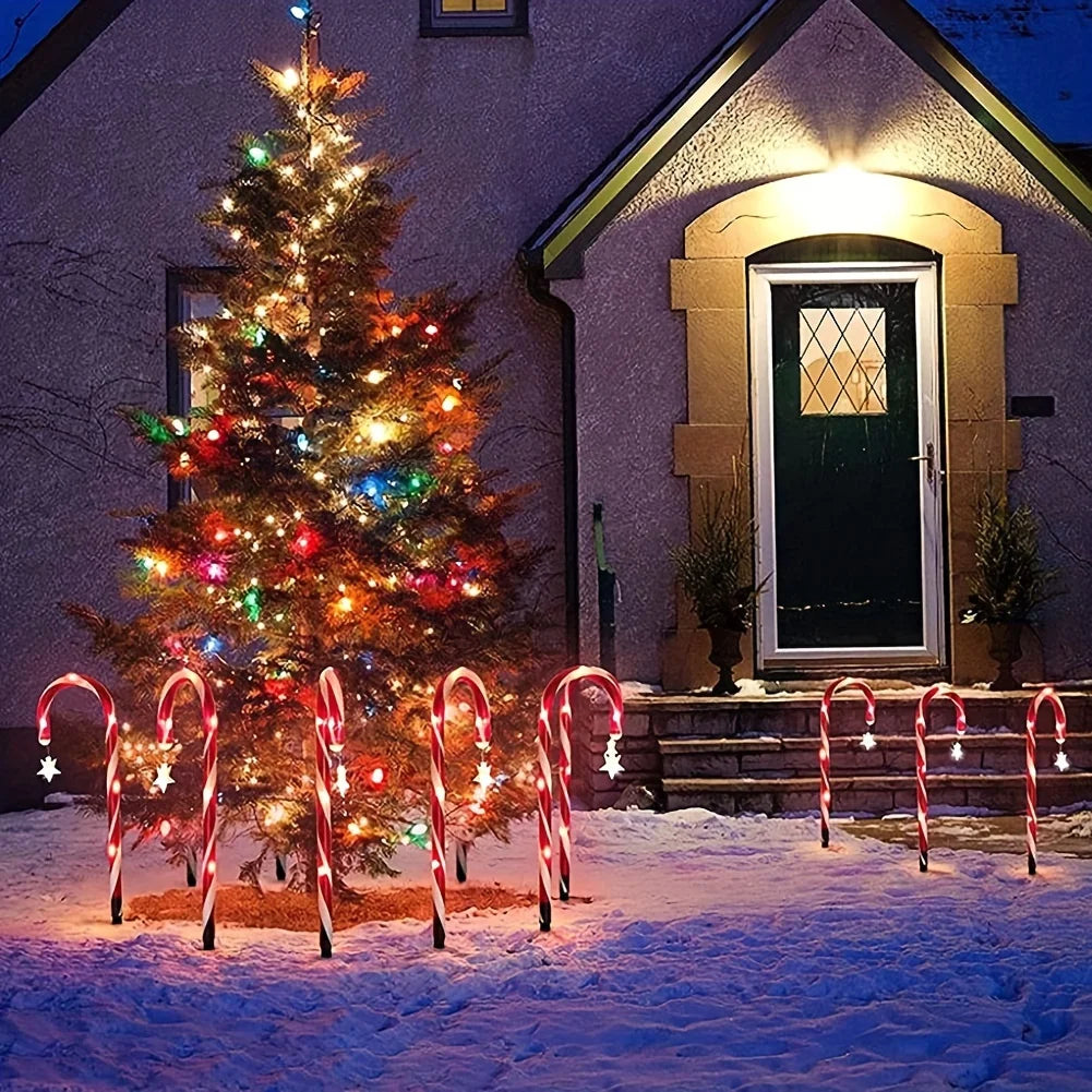 Christmas Ambiance Solar Stake Lights - Star Snowflake Cane Shape, 8 Lighting Modes, LED Outdoor Lawn Lights for Path, Garden Vue
