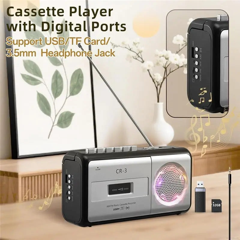 Hot-MP3 Player Recorder AM/FM Radio, Boombox Stereo Portable Cassette Tape Player For Home Outdoor-US Plug Vue