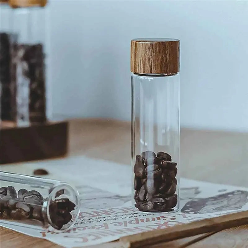 ABKW-1Pcs Coffee Bean Glass Tube With Wood Tool Bottled Tubes Grain Storage Wooden Sealed Airtight Canisters Vue