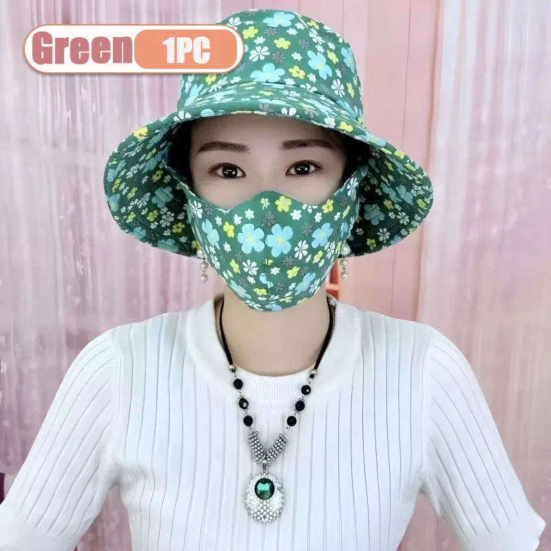 1-2PCS Women‘s Sun Hat with Face Mask Floral Leaf Pattern Wide Brim UV Protection for Outdoor Hiking Gardening Beach Vue Green-1PC