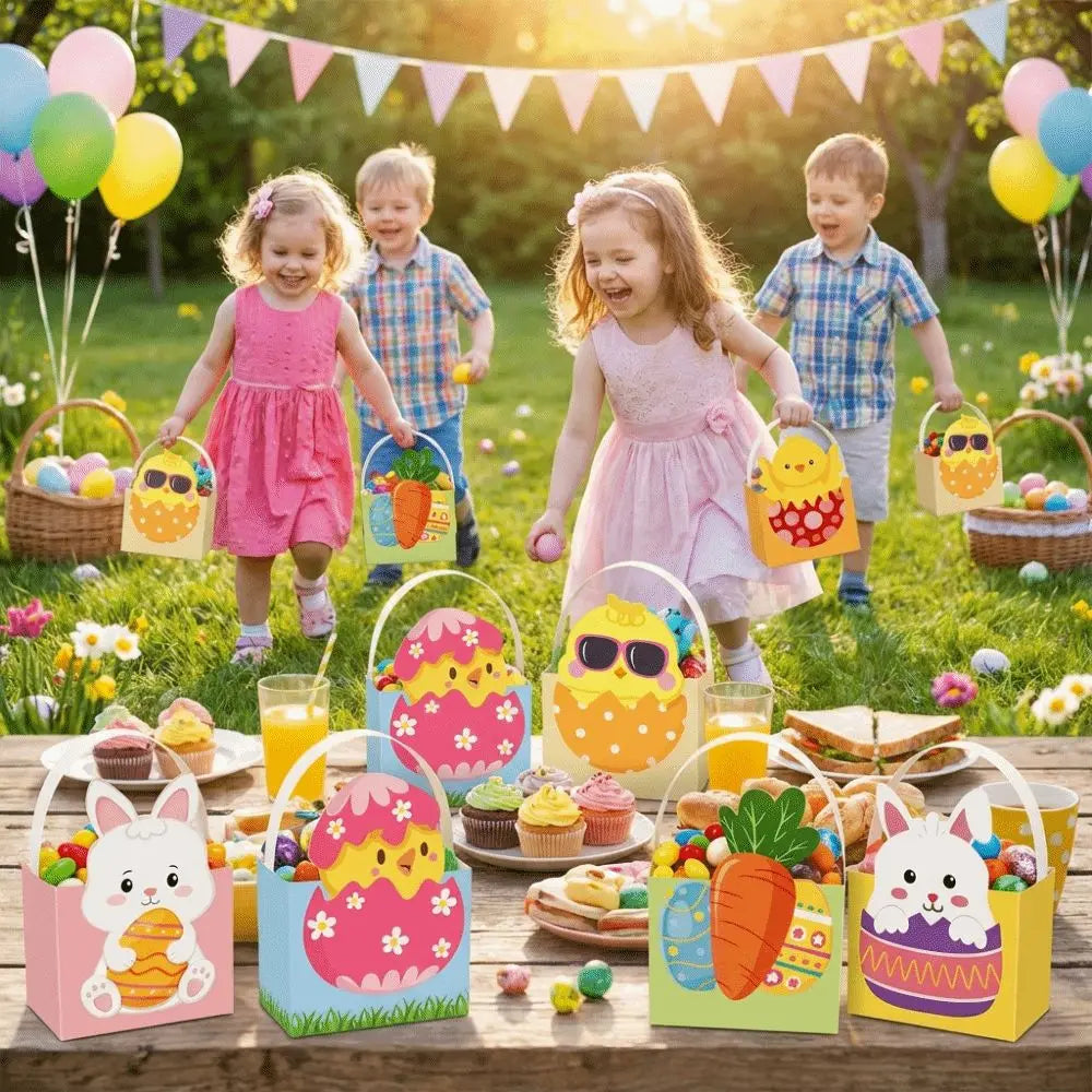 6pcs Cartoon Easter Bunny Candy Boxes with Handle Egg Rabbit Carrot Basket Gift Box DIY Box Handmade Easter Paper Boxes Vue