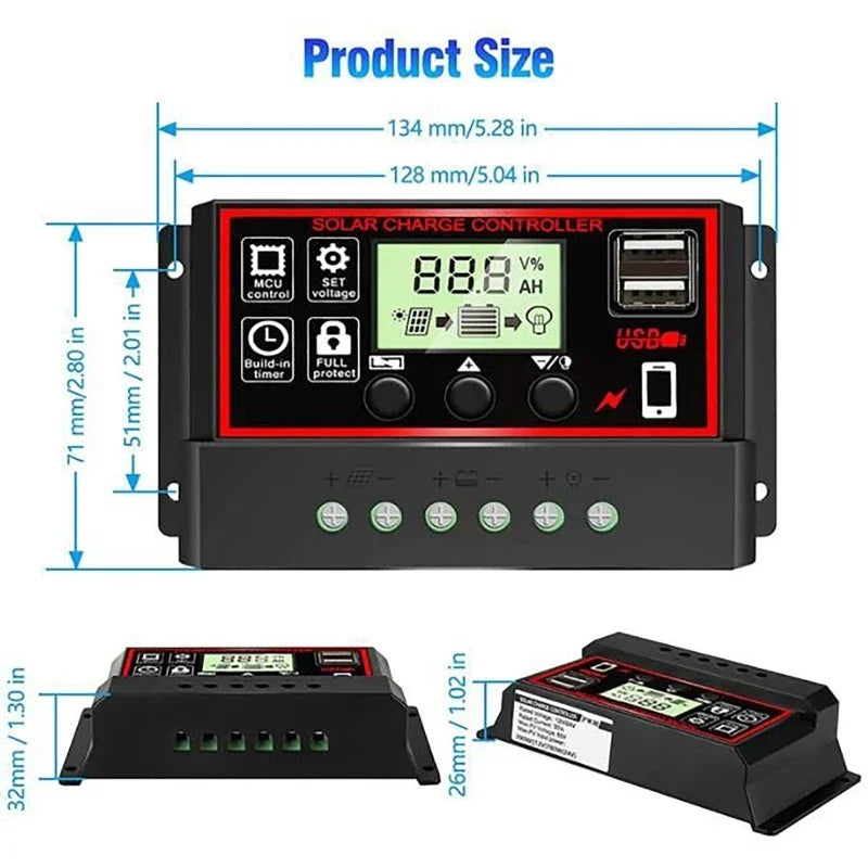 Solar Charge Controller 12V 24V 60A 80A 100A LCD Dual USB Solar Charge Controller Vue