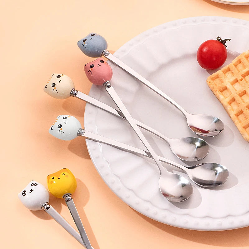 Coffee And Dessert Spoons Flatware Kitchen Tools Ice Cream Cartoon Stirring Spoon Stainless Steel Long Cat Handle Ceramic Spoon Vue