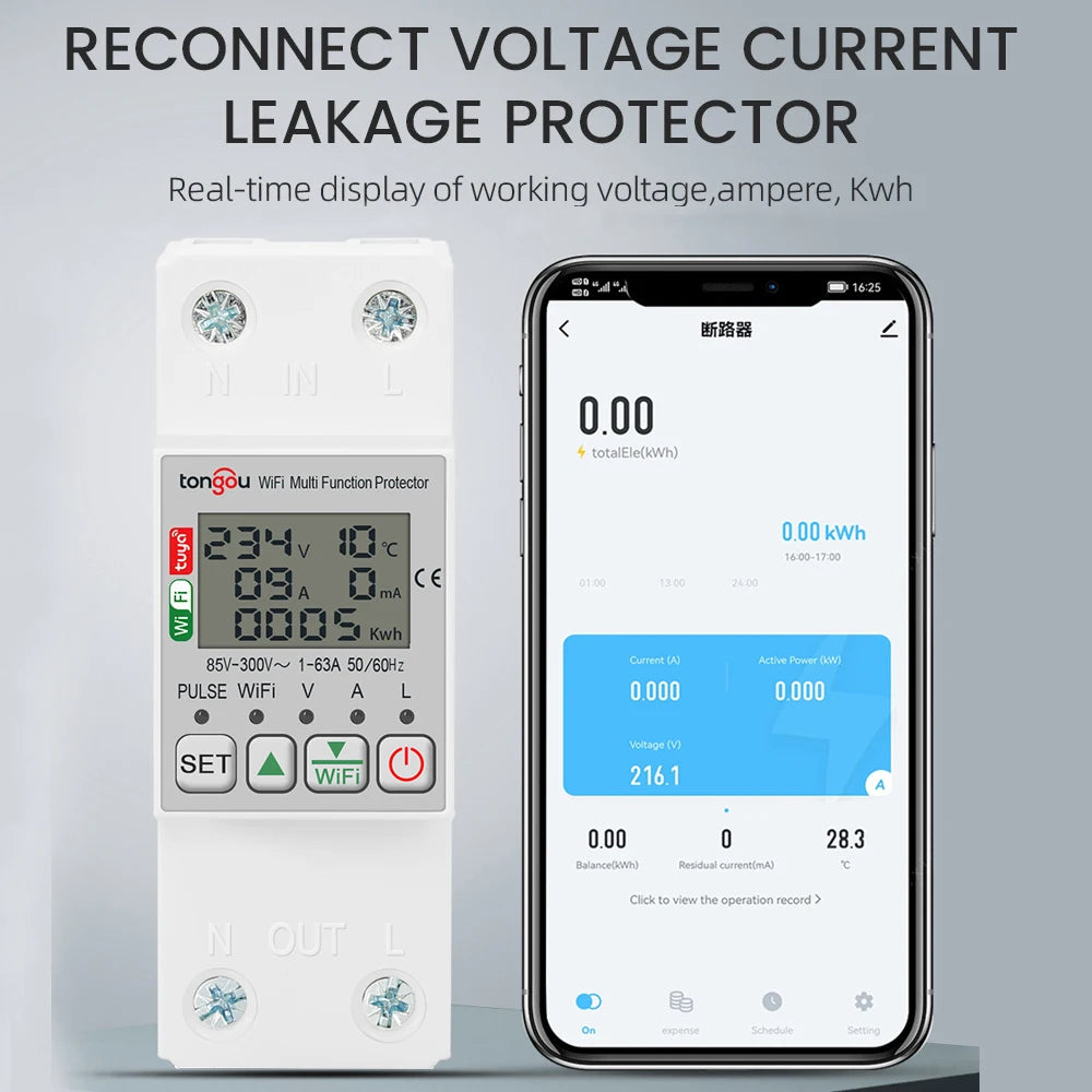 85-300V WiFi Smart Earth Leakage Over Under Voltage Protector Relay Device Switch Breaker Smart Life Energy Power kWh Meter Vue Default Title