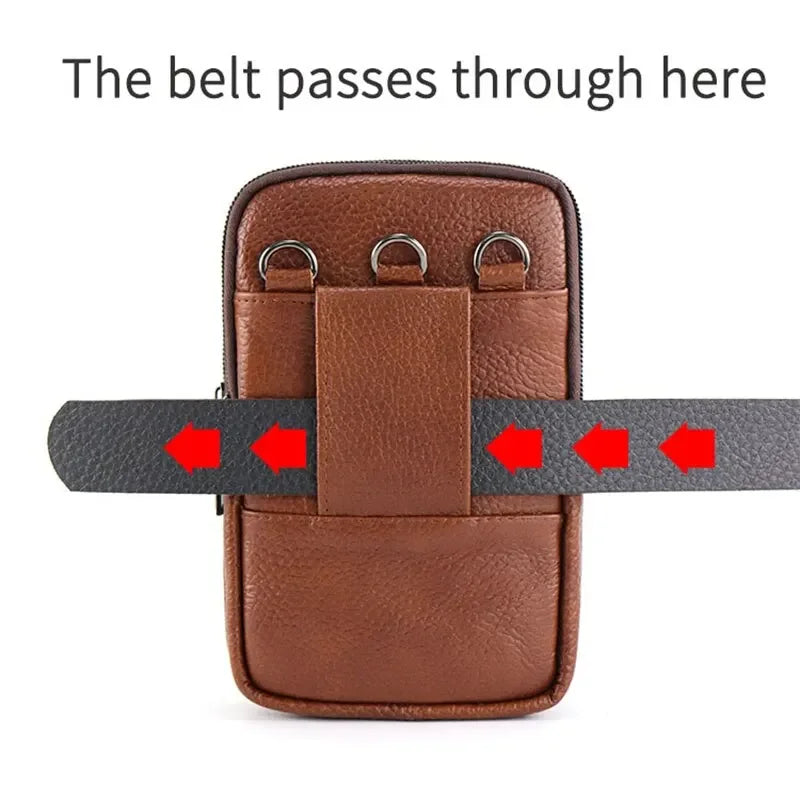 Men Leather Waist Bag Large Capacity Belt Bag Brown Shoulder Bags Crossbody Bags Multi-layer Buckle Mobile Phone Bag Bum Pouch Vue