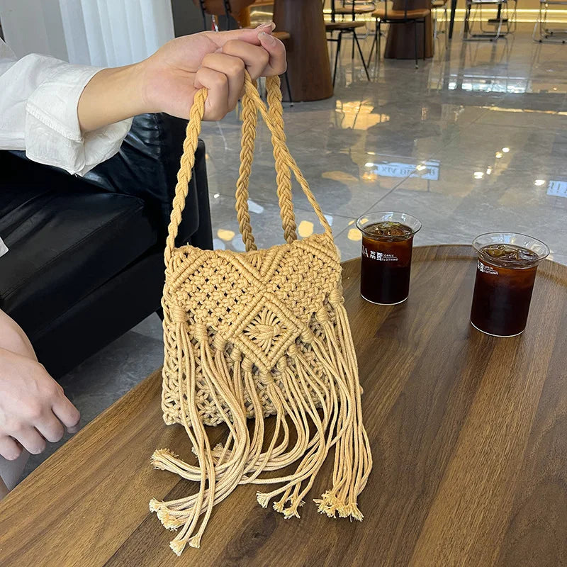 Women Crochet Shoulder Bag Tassel Handwoven Crossbody Solid Bohemian