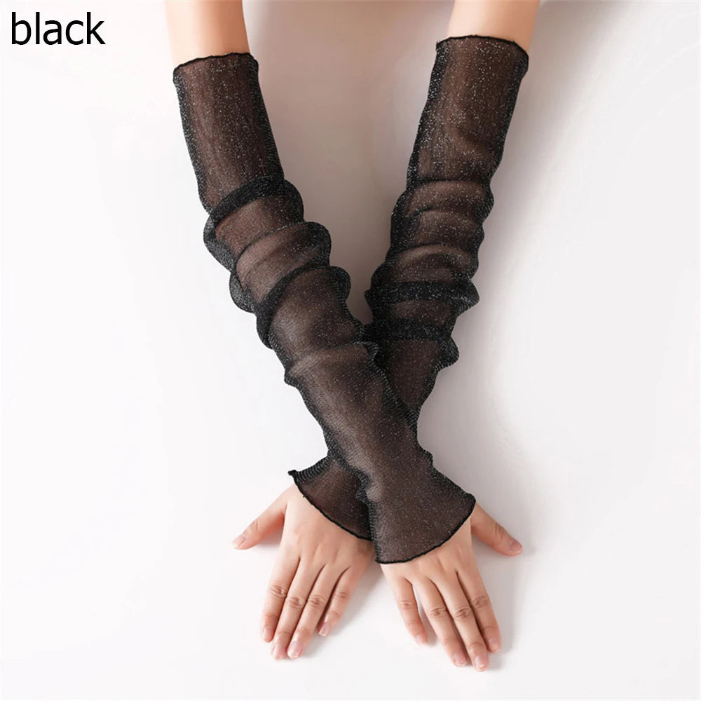 Women's Summer Sun Protection Sleeves Mesh Lace UV Thin Long-sleeved Vue black