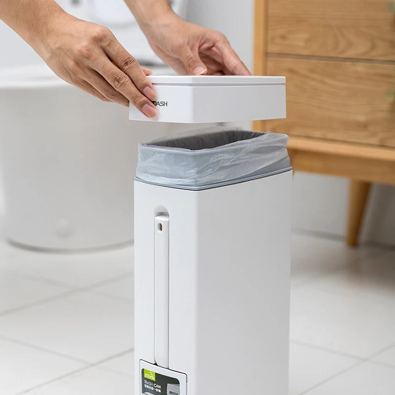 Bathroom Trash Can With Toilet Brush Slim Narrow Slot Push Lid Waste Bin Minimalist Home Organizer For Small Bathrooms And Flats Vue
