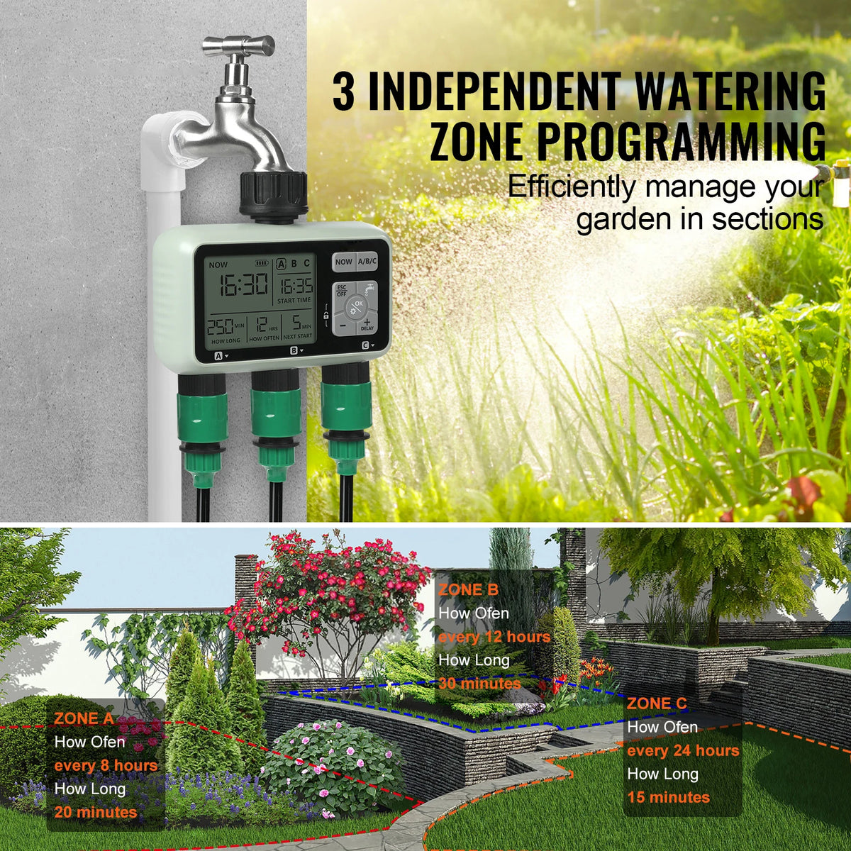 SucceBuy Water Timer 3 Outlets Hose 3 Independent Watering Zone LCD Display Rain Delay Mode Manual Mode Watering Sprinkler Timer Vue