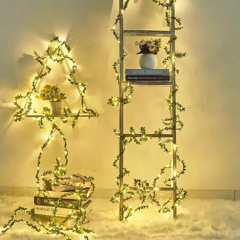 Artificial Green Leaf Led Fairy Lights Garland Christmas Tree Decoration Outdoor Room Curtain Lamp Wedding Party Garden Decor Vue