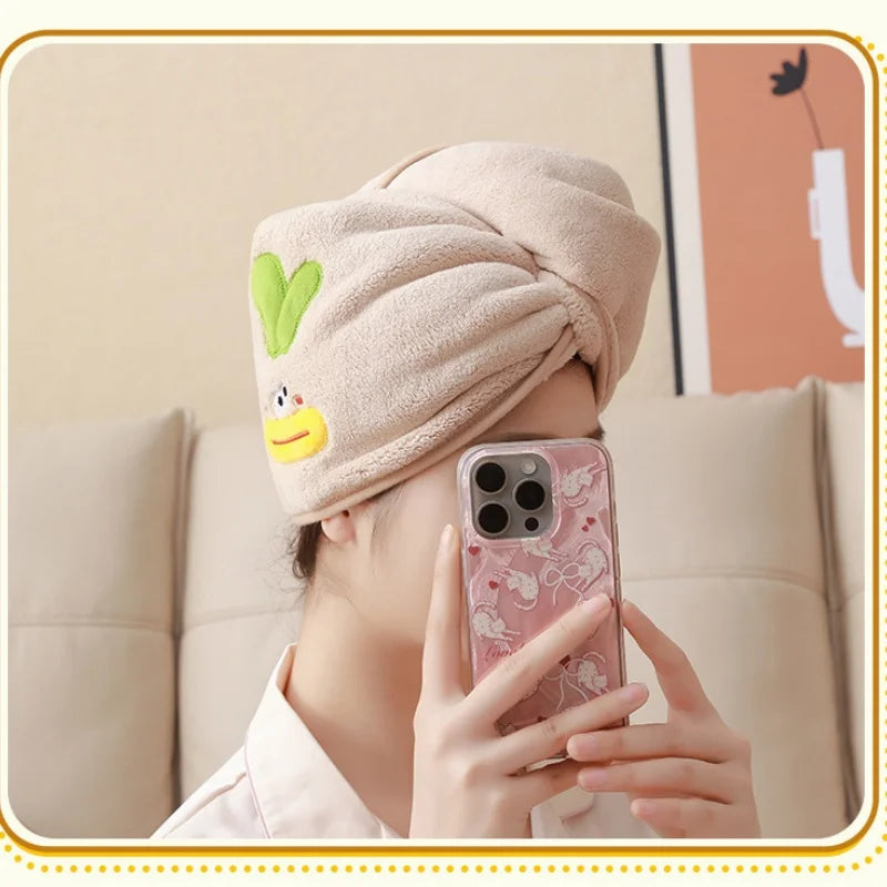 1 Cartoon-Style Cute Coral Fleece Triangular Hair Drying Cap, Available in Four Colors (Yellow, Purple, Light Brown, Pink), Abso Vue