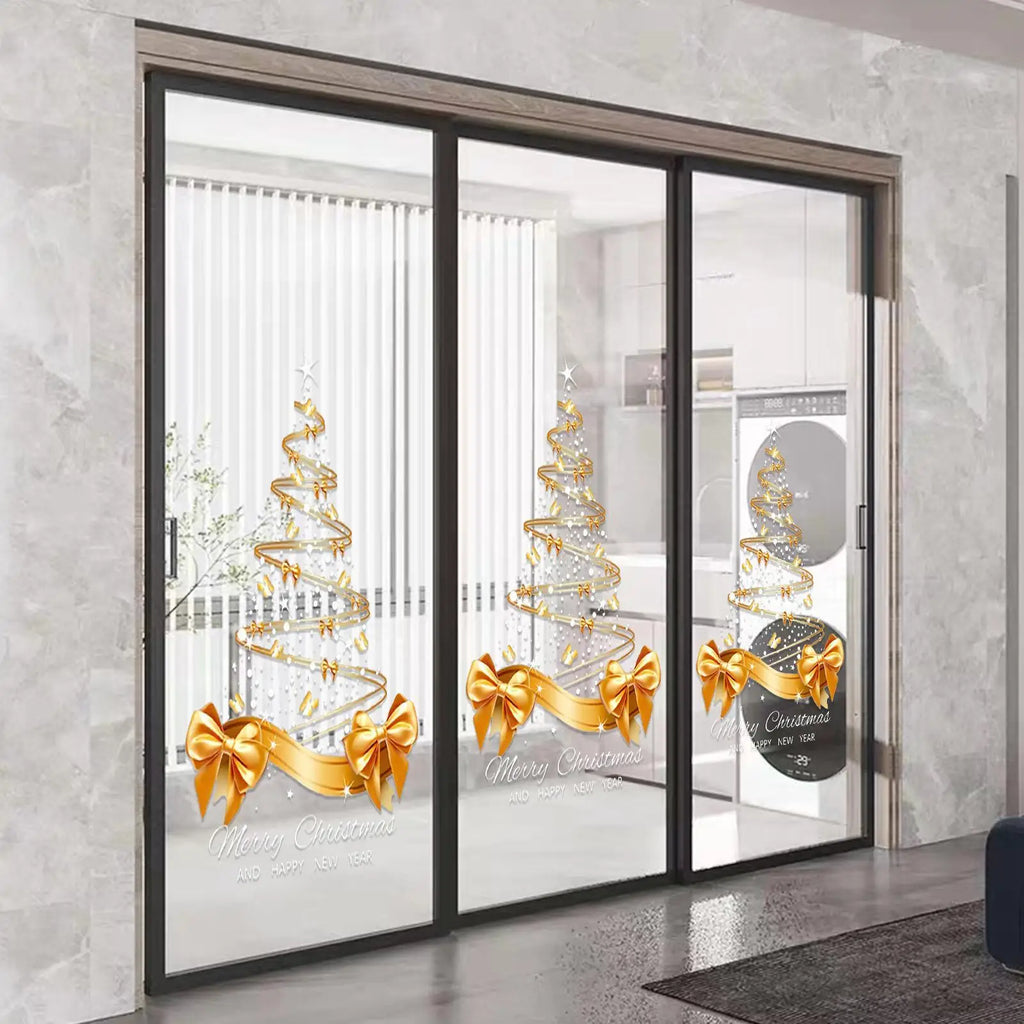 65x45cm Gold Christmas Tree Window Decals - Double-Sided Self-Adhesive Wall Mural Stickers for Holiday Home Office Decor Vue
