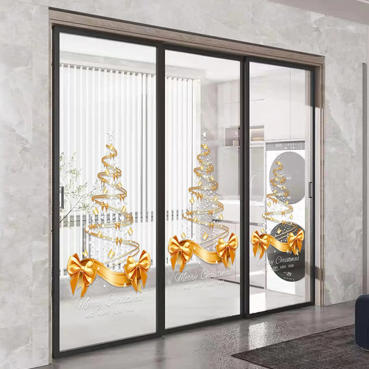 65x45cm Gold Christmas Tree Window Decals - Double-Sided Self-Adhesive Wall Mural Stickers for Holiday Home Office Decor Vue
