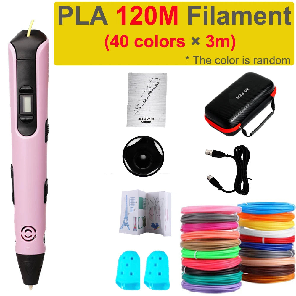 Children's 3D Pen with LCD Screen Type C Cable 1.75mm PLA Filament DIY Drawing Kids 3D Printing Pen Boys Girls Birthday Gift Vue Pink-120PLA