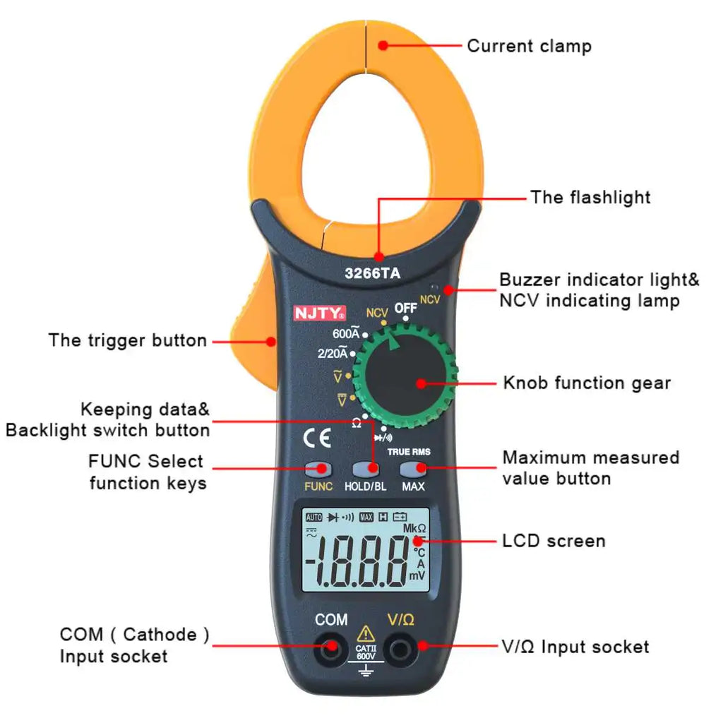 Digital Clamp Meter Tester, Clamp Multimeter Voltage Tester Auto-Ranging, Measures Current Voltage Resistance Diodes Continuity Vue