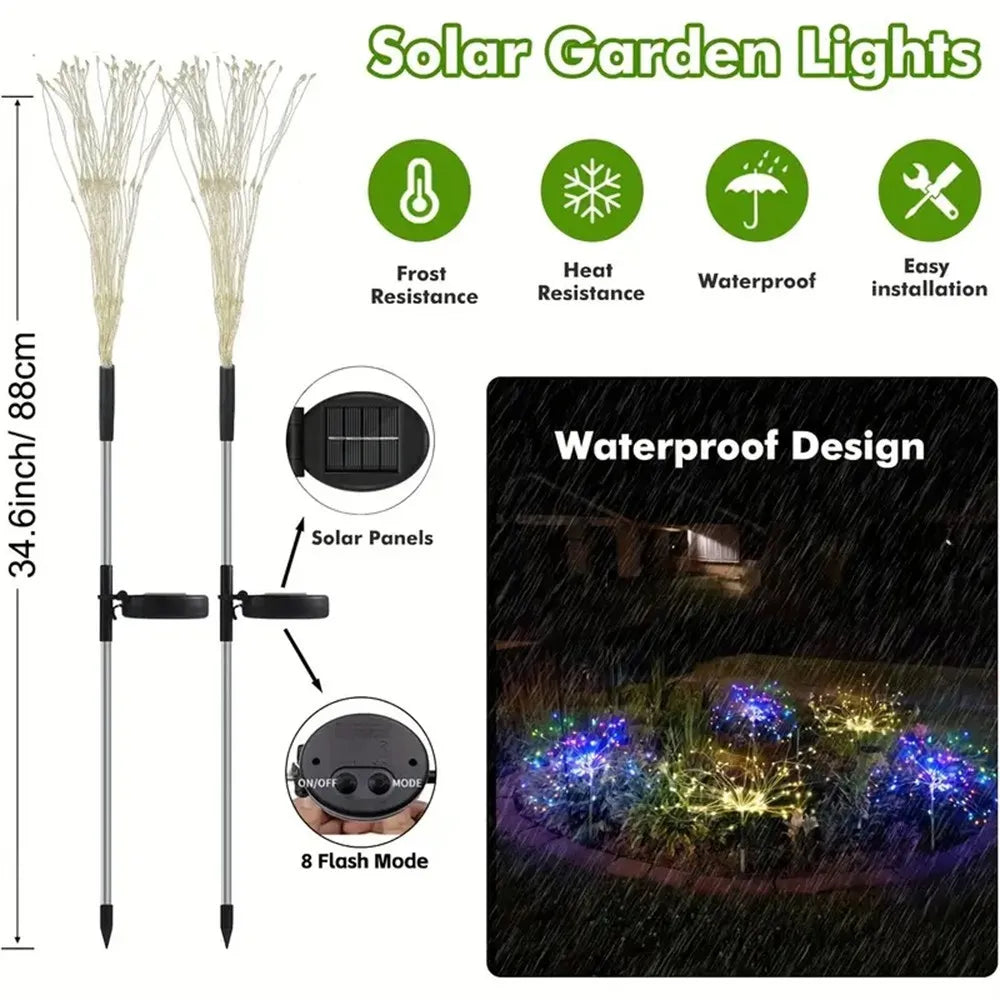 1PC/2PC 90/120/150/180/200LED Solar Fireworks Ground Plug in Light,Used for Holiday,Courtyard,Balcony,Flower Bed Decoration Vue