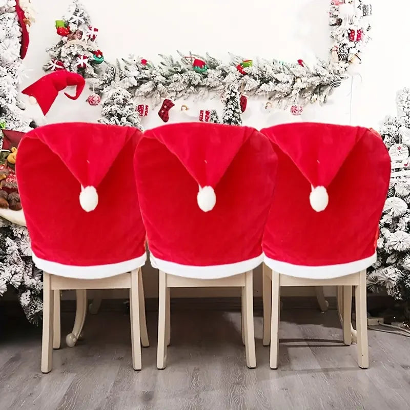 1-20PCS Red Christmas Chair Cover Non Woven Santa Hat Slipcover Washable Reusable for Dining Room Kitchen Holiday Party Decor Vue