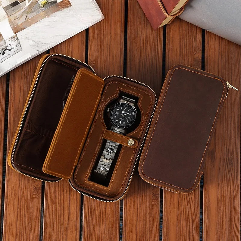 Retro Crazy Horse Leather Rectangle Watch Box Single Pack Travel Zipper Leather Premium Watch Storage Box Vue