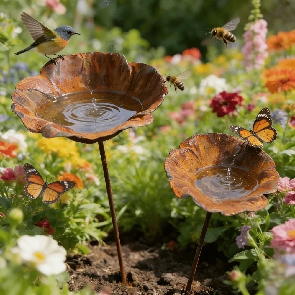 Flower Shape Metal Bird Bath Iron Art Rusted Vintage Bird Water Dispenser Ground Insert Handcrafted Garden Birdbath Vue