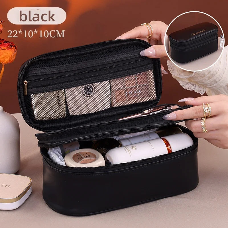 Women's Cosmetic Bag Makeup Bag Double Layer Large Capacity Luxury Cosmetics Organizer Travel Essentials Women Cosmetic Bag Vue Black