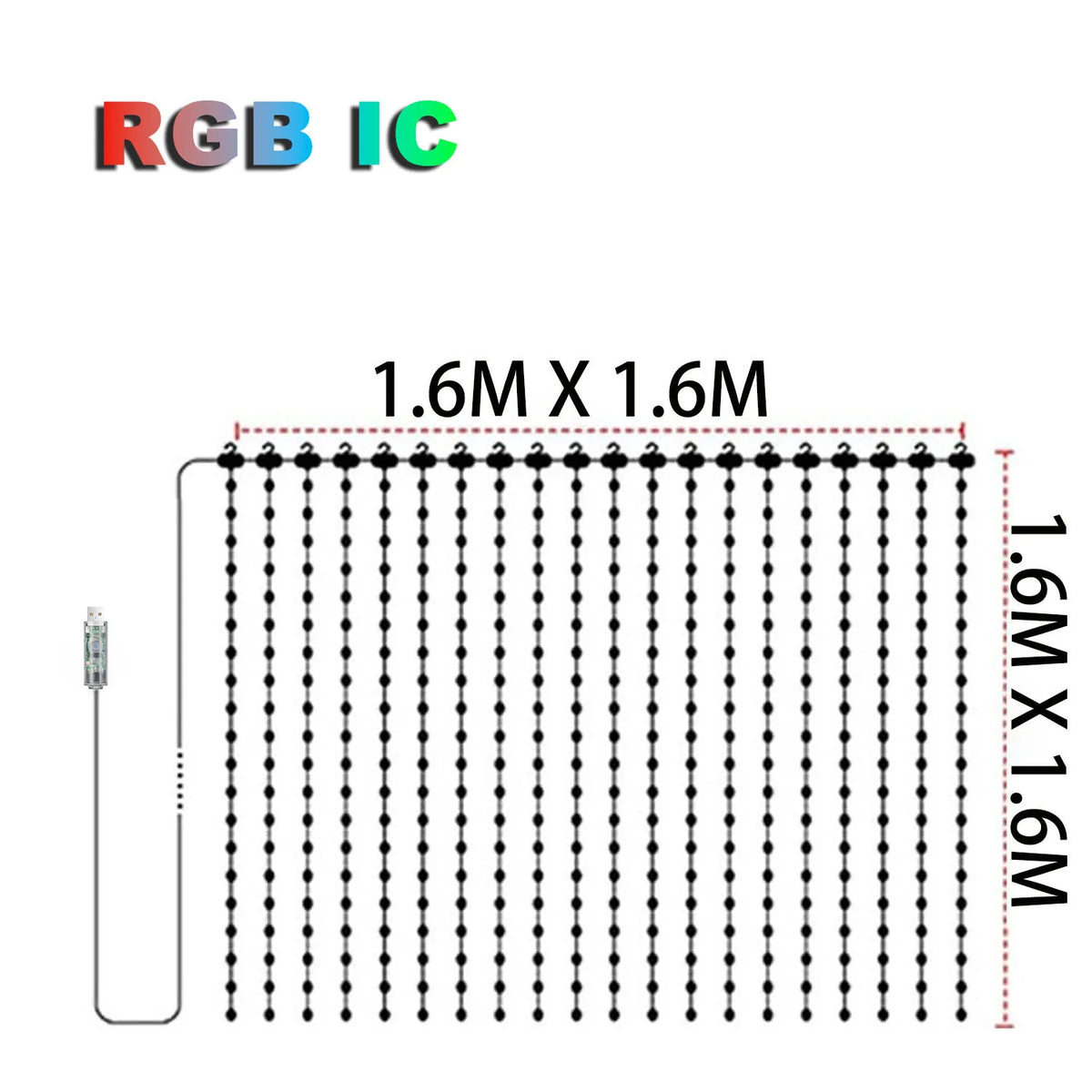 Smart Curtain Lights RGB IC 400LEDs DIY Graphic Display Suitable for Christmas Curtain Decorative Light Strings Vue 1.6M X 1.6M 256LEDs USB