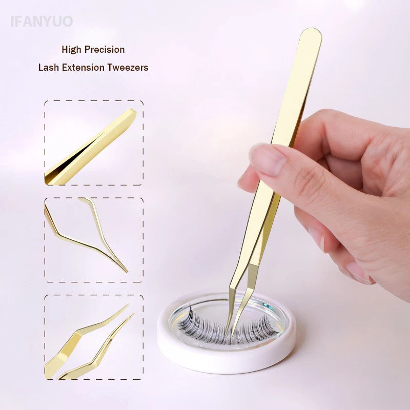 Square Curved Tip Tweezers Lash Extension Tweezers High Precision Silver Gold Stainless Steel Anti Slip Quick-Separator Tools Vue
