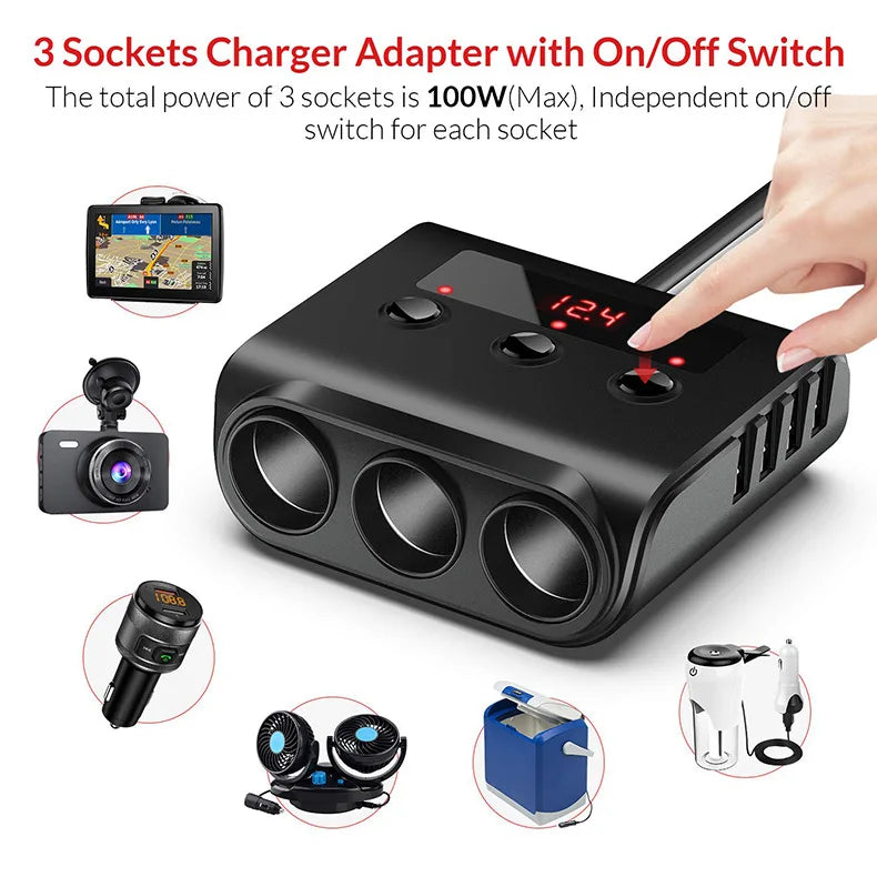 Powstation Cigarette Lighter socket splitter Charger 120W 4 USB Port Car Charger USB Charger Type C Port Car Socket Splitter Vue