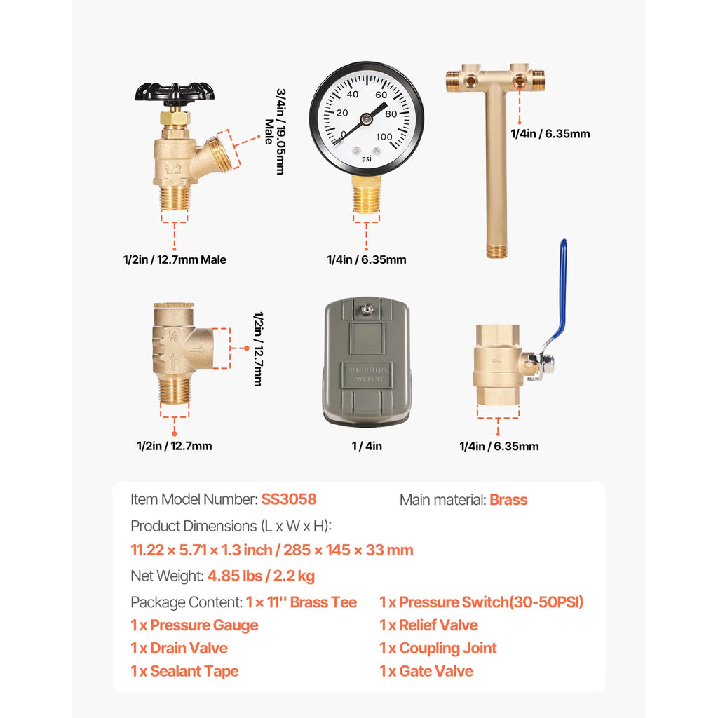 1" x 11" Pure Brass Well Pressure Tank Tee Kit – Full Install Set Pressure Tank Tee Kit Vue 30-50PSI United States