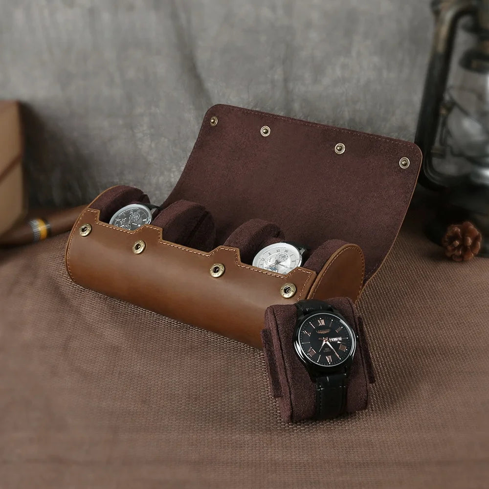 Retro Crazy Horse Cowhide Brigade Portable Anti-drop Watch Box Three-pack High-end Mechanical Watch Storage Box Vue