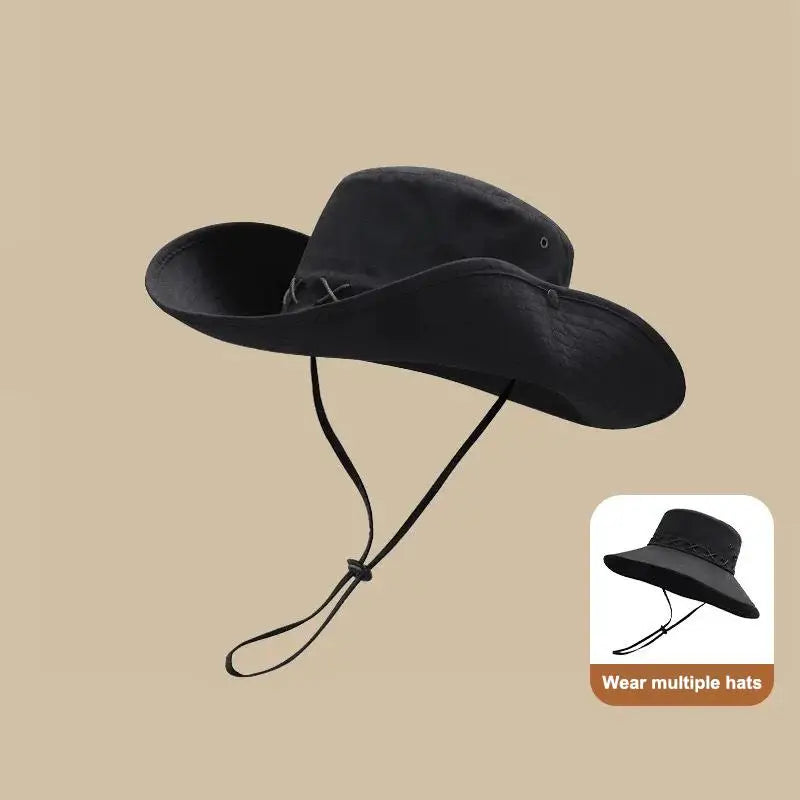 Breathable Western Cowboy Hat Solid Color Adjustable Wide Brim Sun Hat Outdoor Mountaineering Fisherman Sunshade Cap Travel 1PC Vue Black