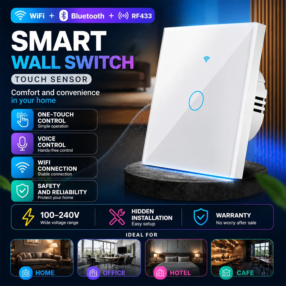 EU Smart Switch RF433 Required Neutral Wire Control Works With Tuya Alexa Google Smart Life Home LED Light WiFi Touch Switch Vue