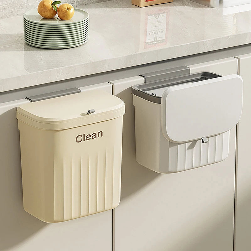 8.5/12L Kitchen Trash Can Wall Mounted Hanging Trash Bin With Lid Garbage Can For Cabinet Under Sink Waste Garbage Compost Bin Vue