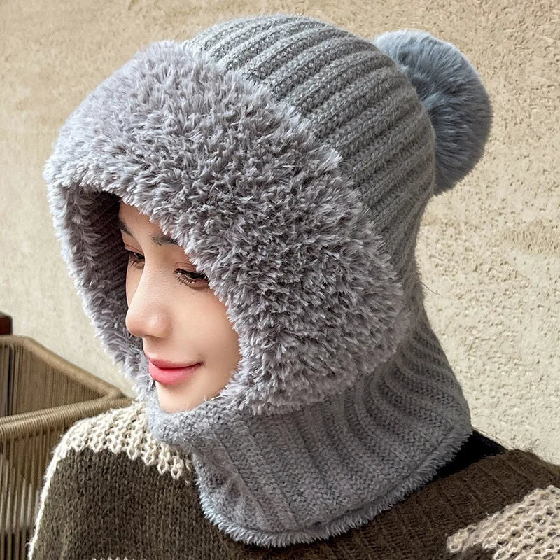 Autumn and Winter Women Fleece Lined Knitted Hat Scarf Mask One Piece Full Face Protection Windproof Thick Warm Hood Vue Grey
