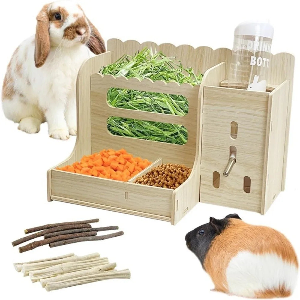 2 in 1 Rabbit Hay Feeder Detachable with Bottle Wooden Grass Dispenser Bite Resistant Guinea Pig Feeder Cage Accessories Vue