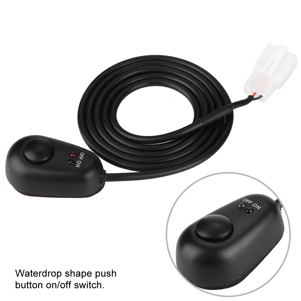 Teardrop-shaped 12V push-button with red/green LED indicators for on/off functionality Vue