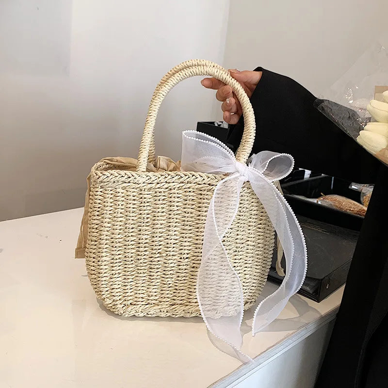 Straw Bags Women Summer Rattan Bag Handmade Woven Beach Bohemia Vue beige whiteribbon 20x12x17cm