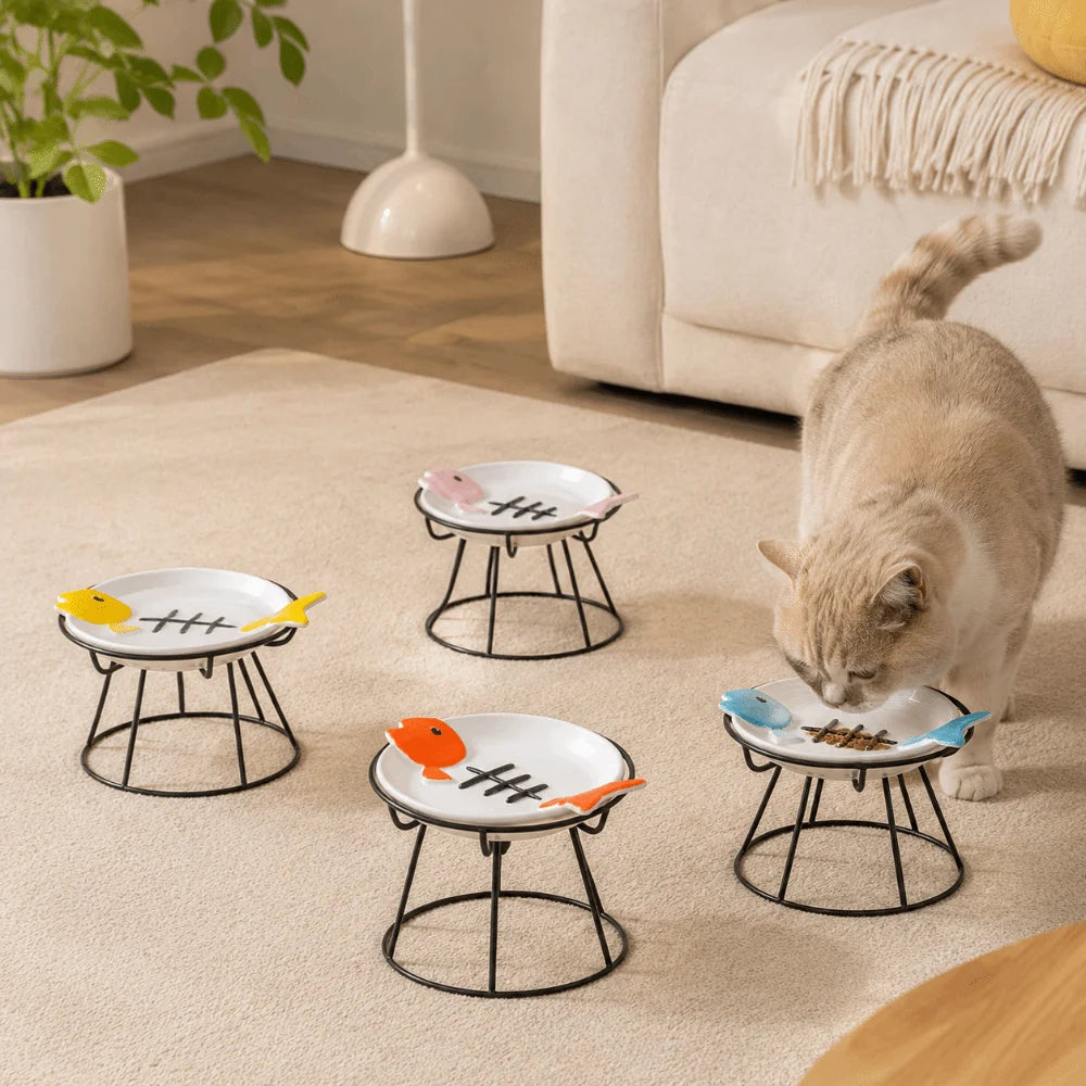 Ceramic Elevated Cat Bowl Cute Anti-Vomiting Pet Food Water Bowl Neck Protection Detachable Cat Feeding Station Pet Supplies Vue