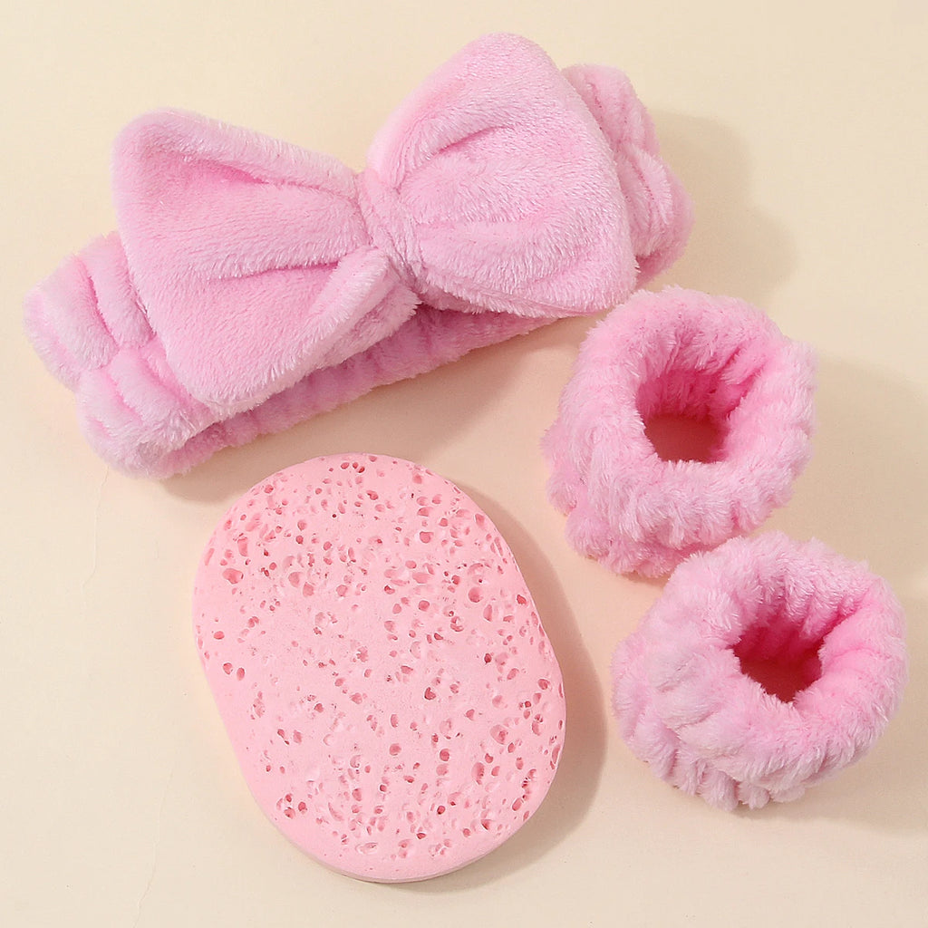 Hot Sale 4PCS Pink Plush Skincare Set, Bow Headband + Wristbands + Cleansing Sponge for Face Washing & Makeup Removal Vue
