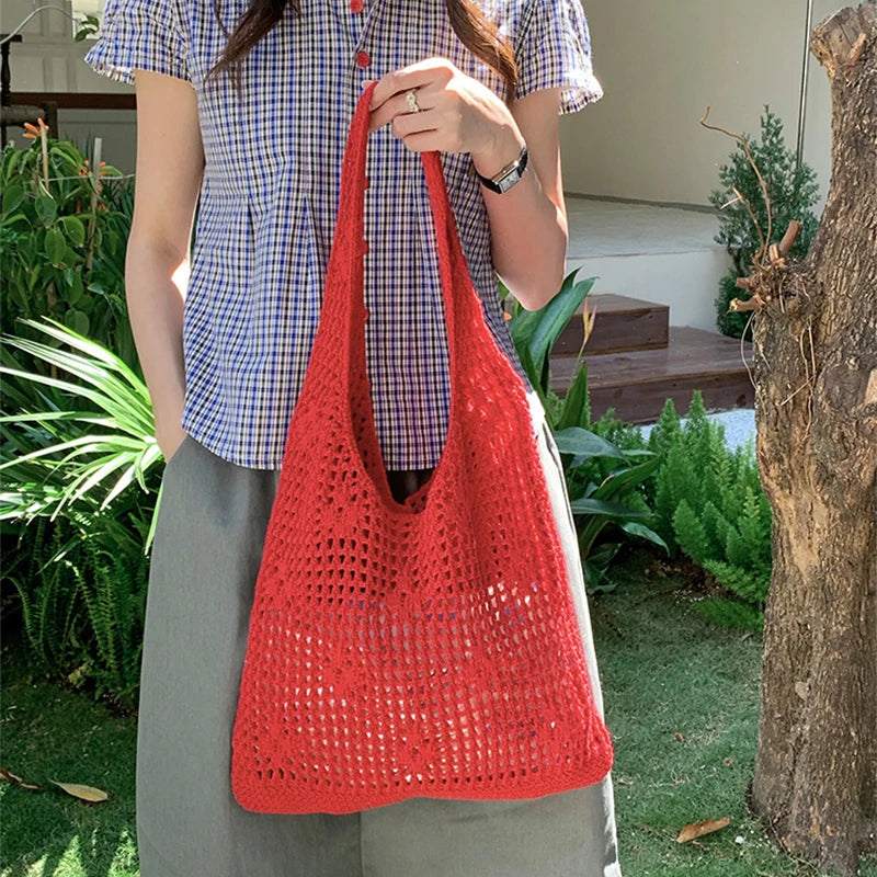 Hollow Out Knitted Weave Shoulder Bag Solid Braided Shopper Tote