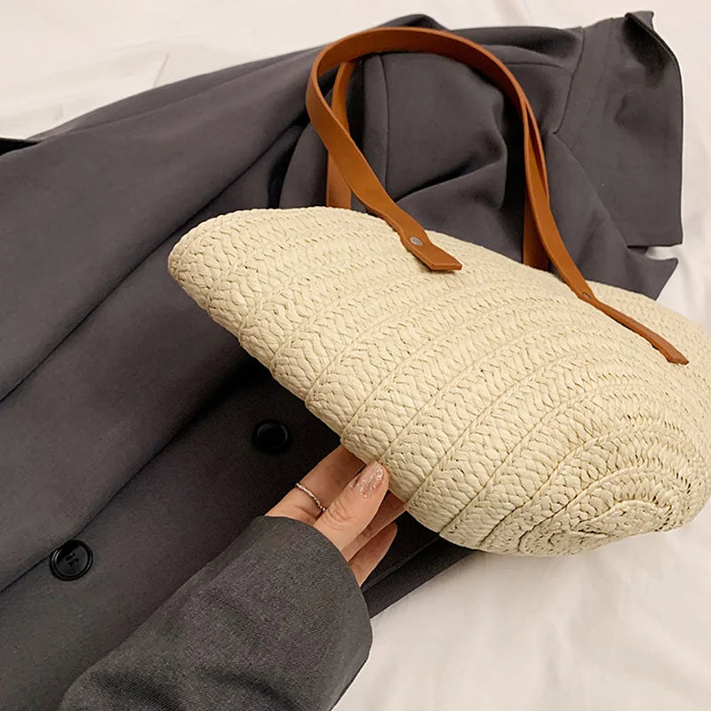 Women Braided Basket Top-handle Bag Large Capacity Straw Portable